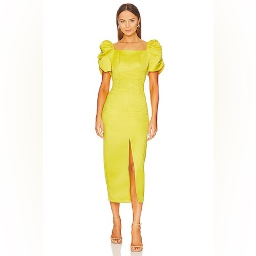 Revolve Yaura Tara Midi Dress Neon Yellow Women’s Size 2 Small Puff Sleeve NWT